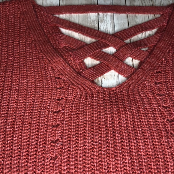 “Aeropostale” rose color, shaker knit v-neck sweater w/criss-cross back-jr sz M - Picture 7 of 10